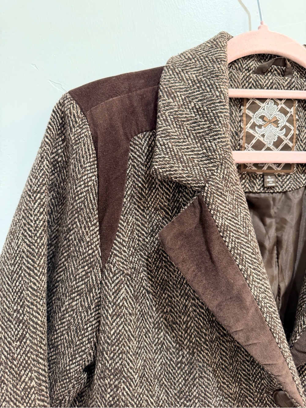 Y2K Vintage Dollhouse Herringbone Tweed Velvet Trim Riding Blazer Jacket L Brown - Picture 3 of 12